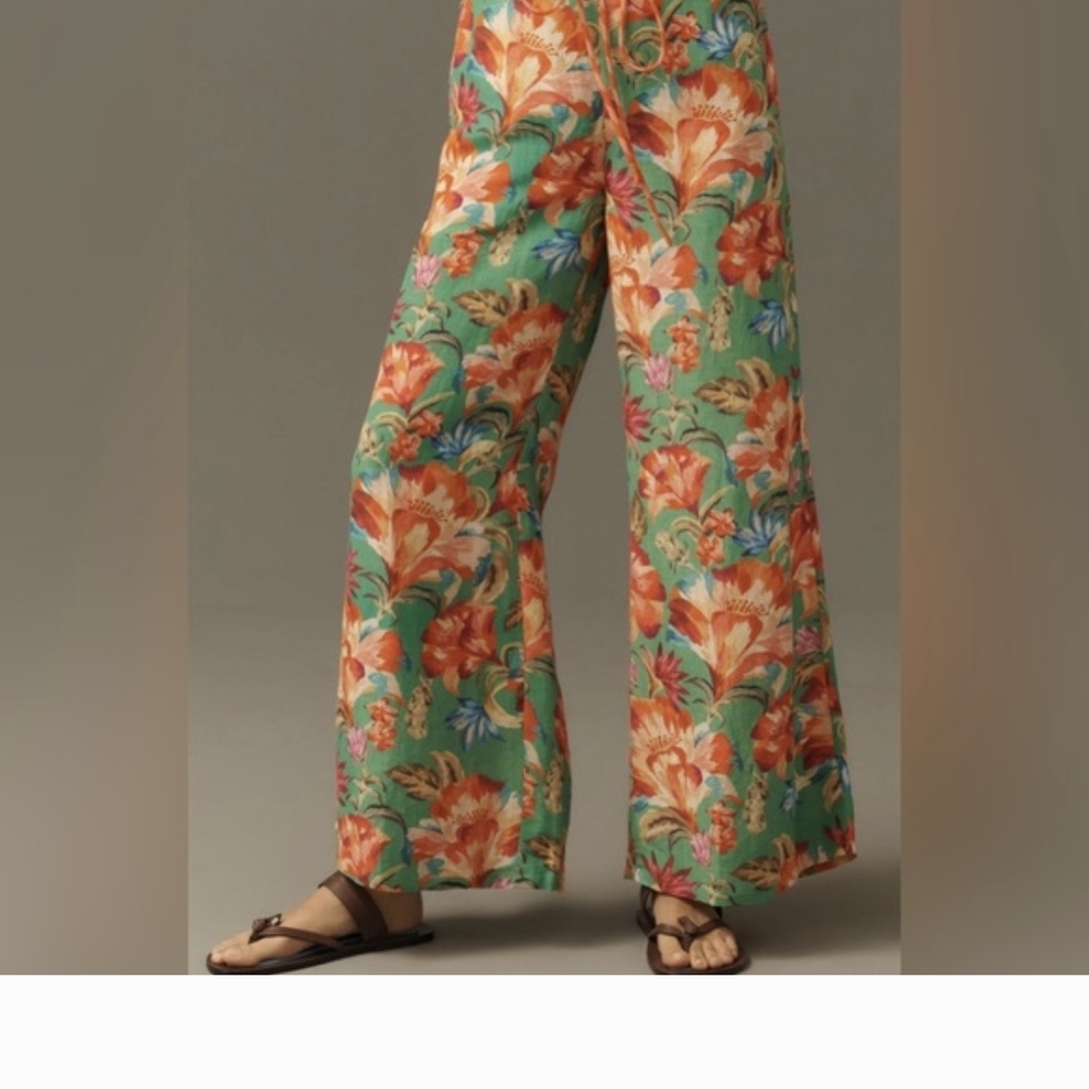 NWT FARM Rio Vibrant Green and Orange Floral Wide-Leg Pants Sz L